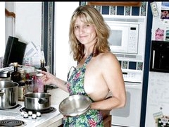 Gorgeous housewife widens her fur pie with a wooden spoon
